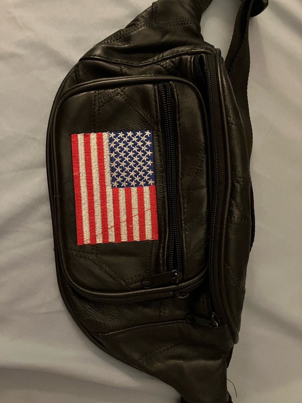 Black Leather Men's Waist Bag with American Flag Patch